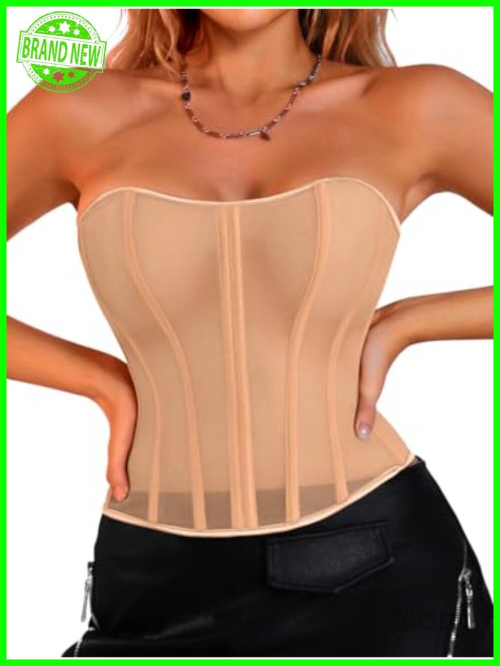 Sheer Mesh Lace-Up Strapless Overbust Corset Top Bustier